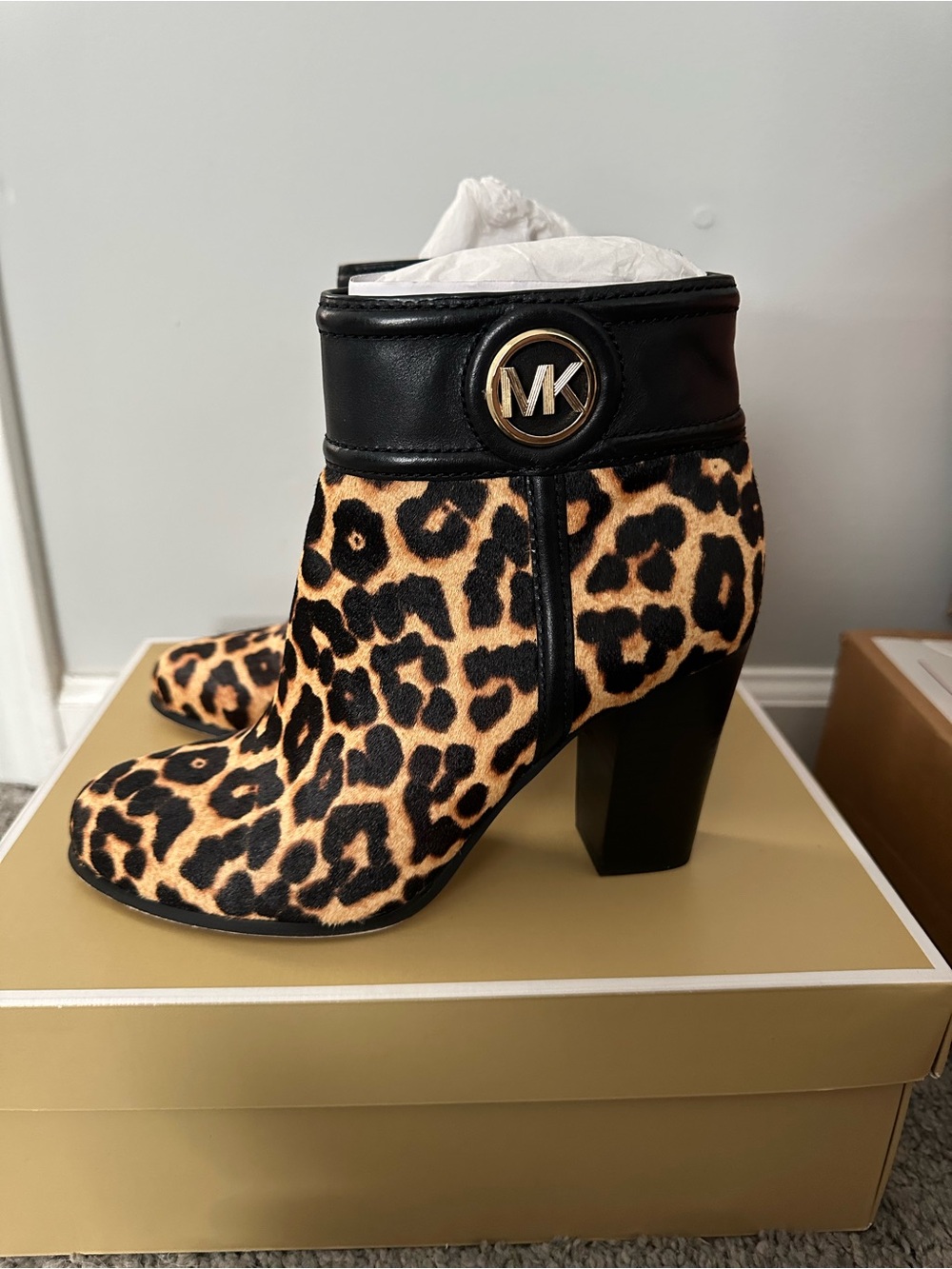 MICHAEL Michael Kors Leopard Print Ankle Booties with Black Leather Collar